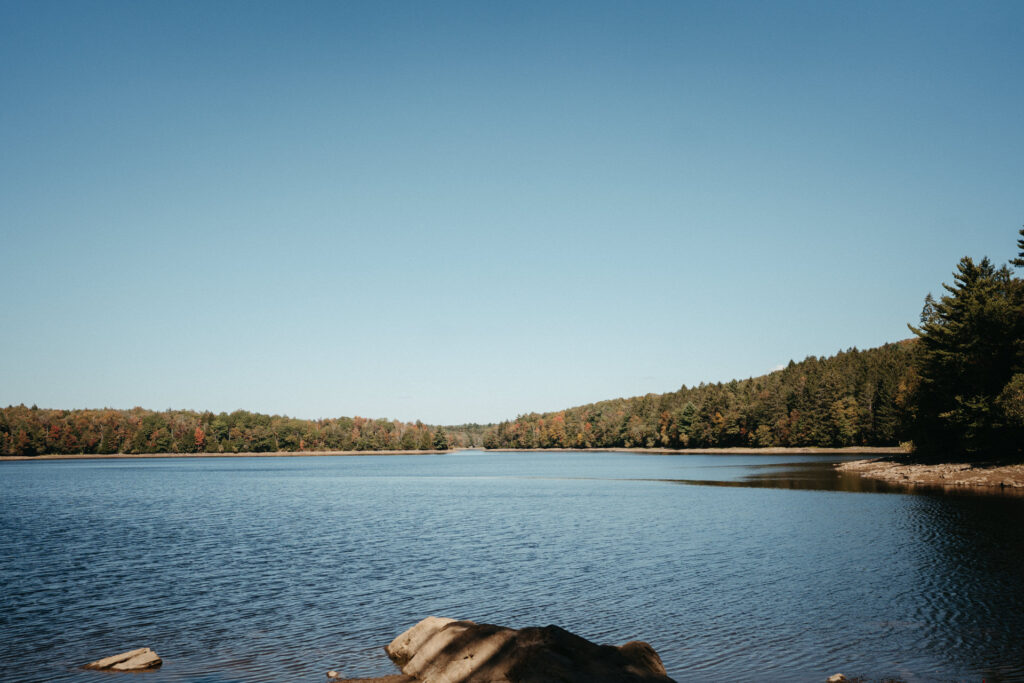 Calm lake under a clear blue sky