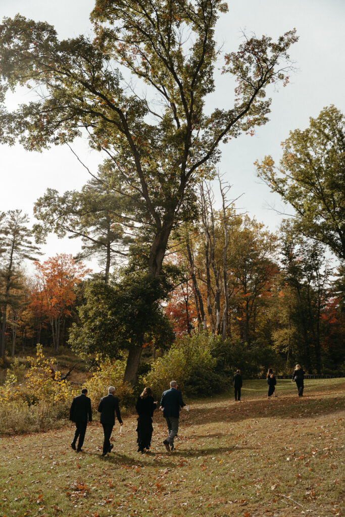 Wedding party walking through the woods toward the ceremony