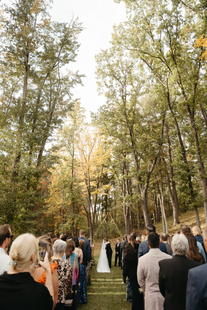 Wide view down a woodland aisle with guests on both sides