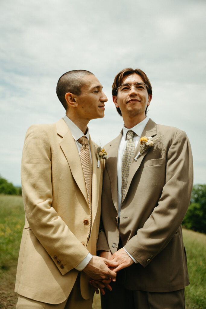 Couple facing each other and holding hands in the meadow
