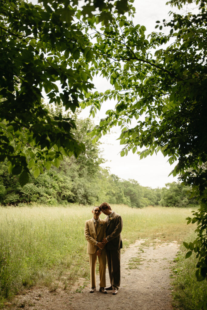 Couple embracing on a path far in the distance, framed by tree branches